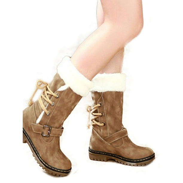 US Womens Winter Snow Boots Faux Fur Lining Leather Ankle Boots Fold-Down Shoes